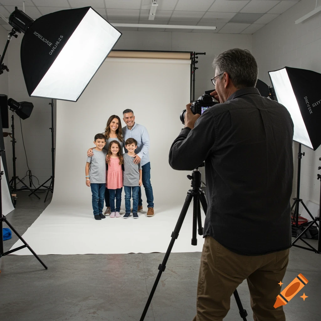 A photographer takes a portrait of a smiling family in a brightly lit studio.