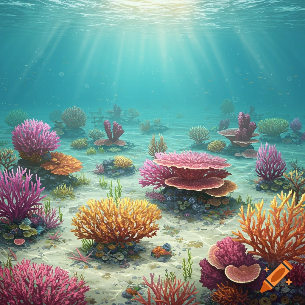 A vibrant coral reef underwater with sun rays filtering down.