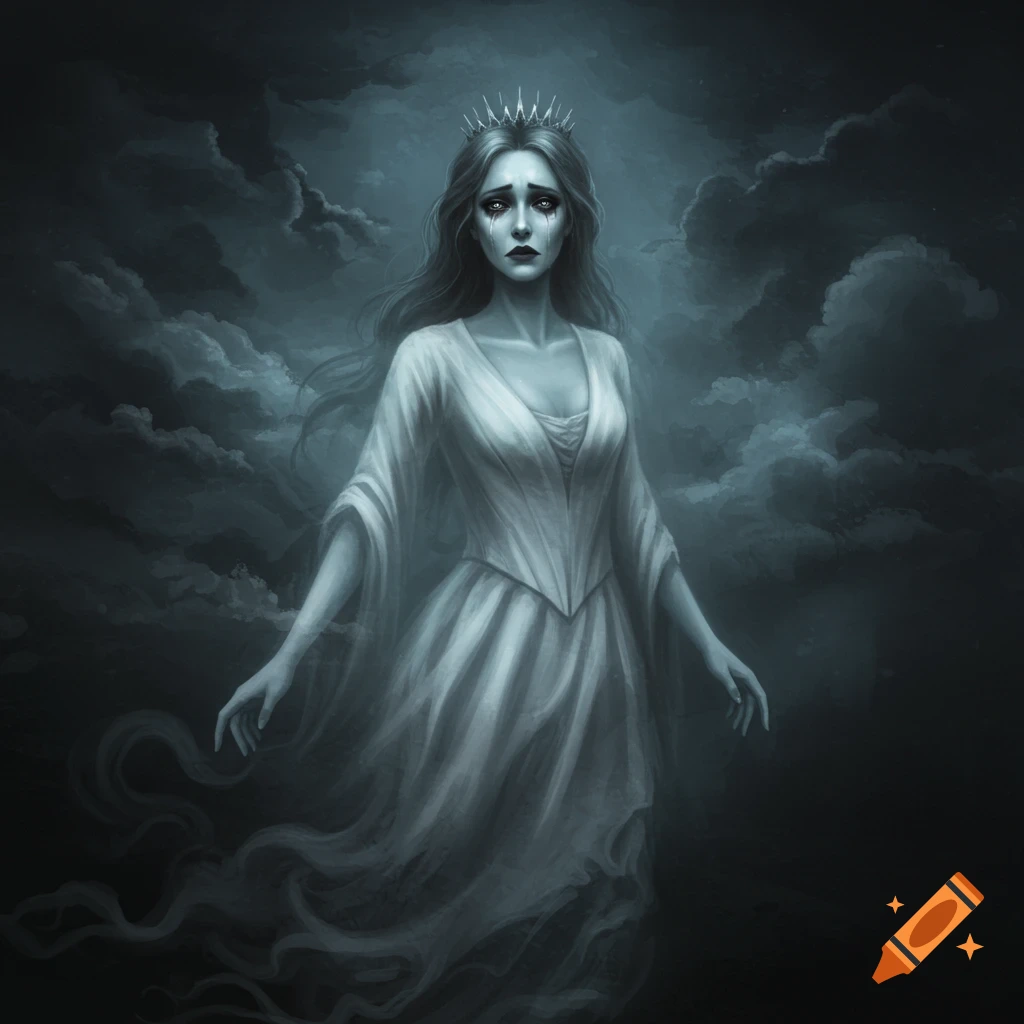 A crying ghost queen with a crown and flowing white dress surrounded by dark clouds.