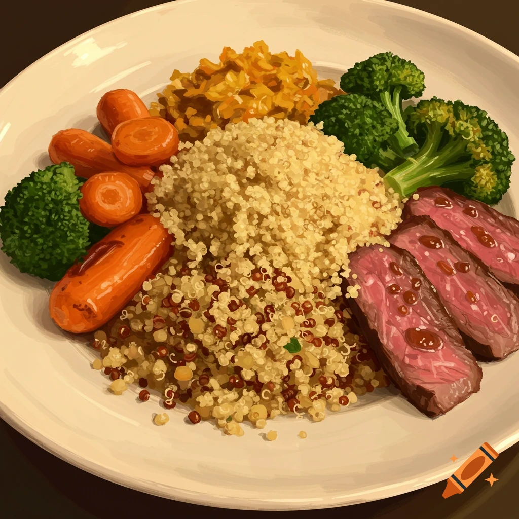 Plate of grains, broccoli, carrots, and sliced meat.