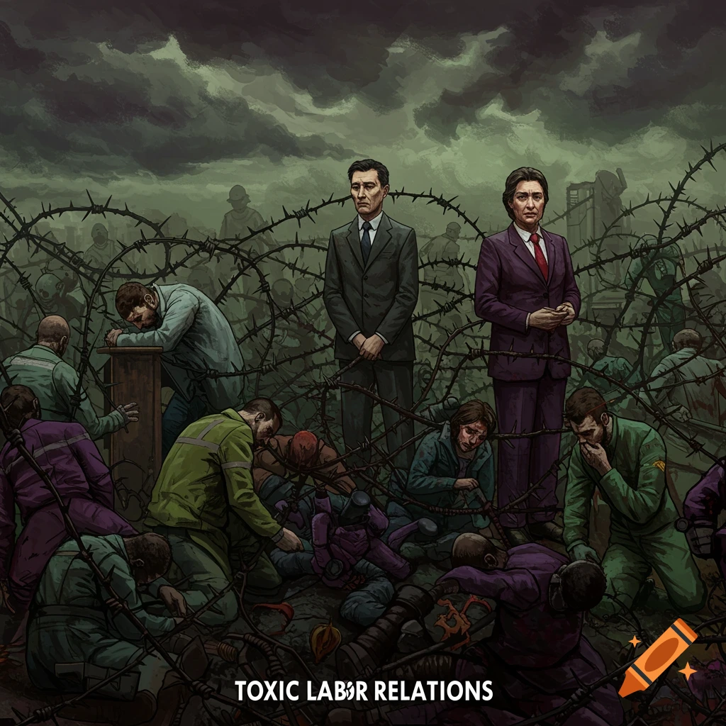 two people in suits standing among distressed workers tangled in barbed wire under a dark sky. Text reads "TOXIC LABOR RELATIONS".