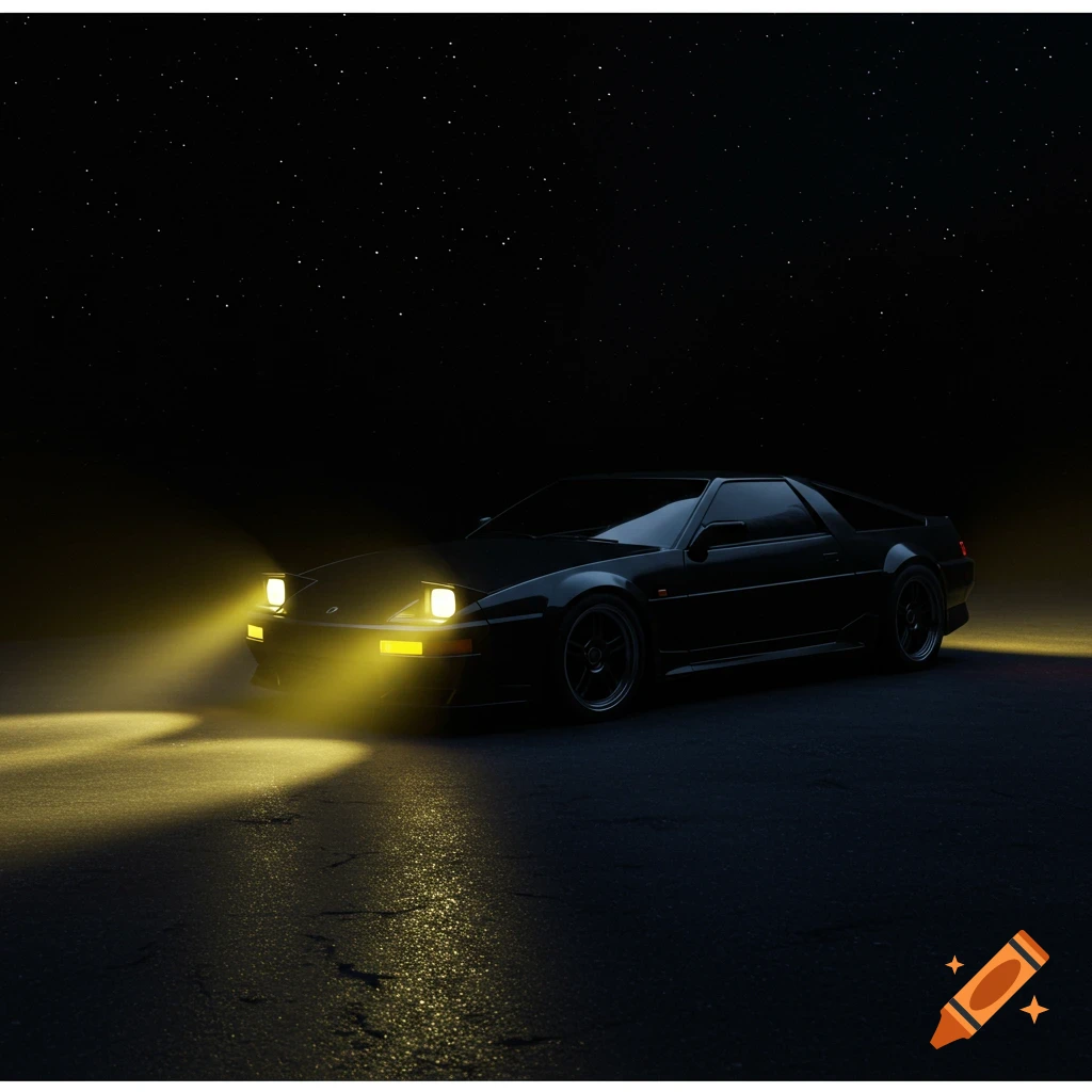 A black car with pop-up headlights illuminated on a dark road at night, stars in the sky, digital art