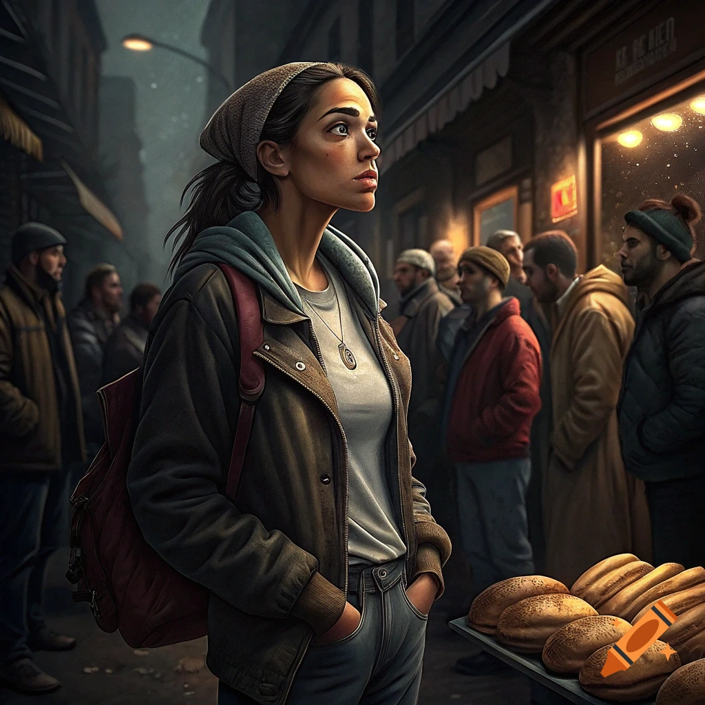 Woman in a breadline, with loaves of bread in the foreground.