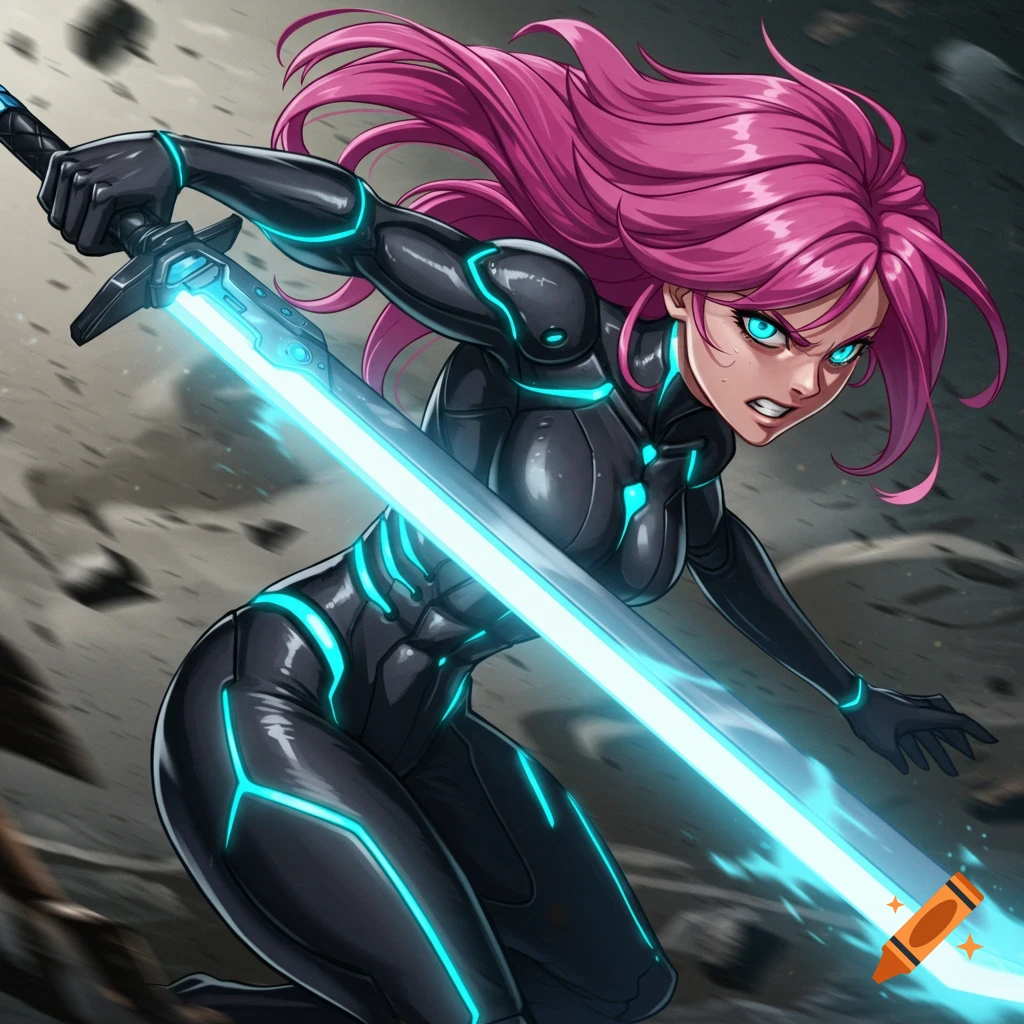 Anime woman in sci-fi suit swinging a glowing sword
