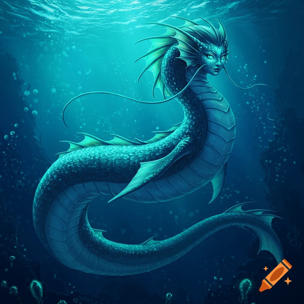 A female leviathan creature with a human face swims underwater