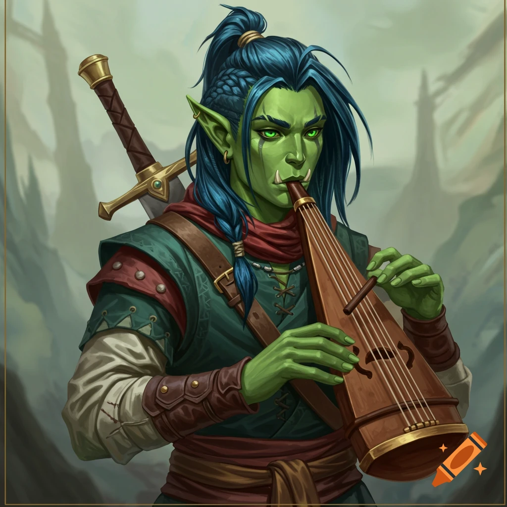 A green-skinned half-orc plays a stringed instrument, with a sword on their back.