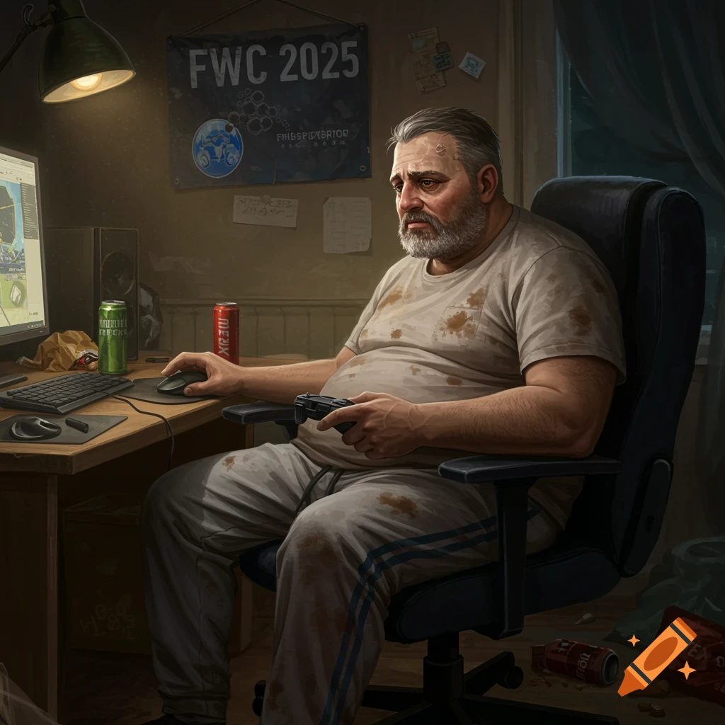A dishevelled man playing video games in a messy room with an FWC 2025 banner.