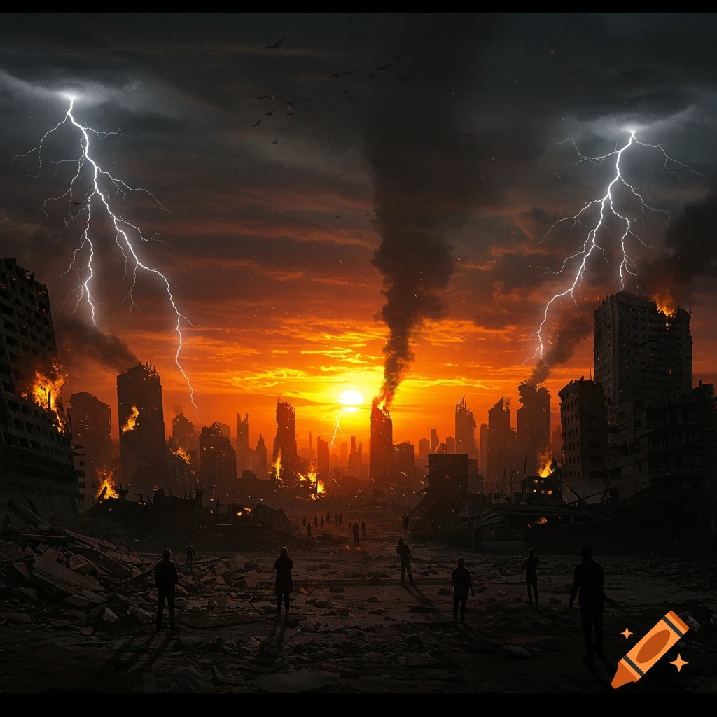 Post-apocalyptic city at sunset with lightning, fire, smoke, and silhouetted figures.