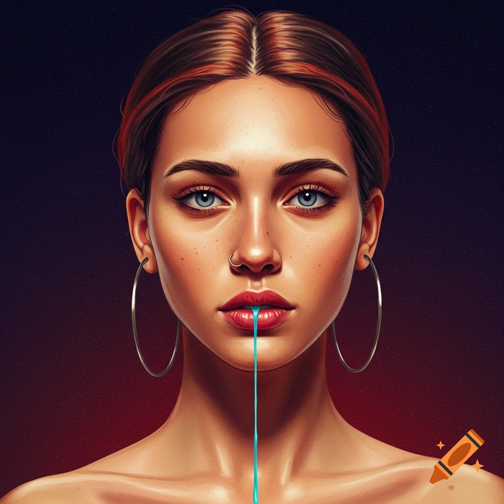 Stylized portrait of a woman with blue liquid dripping from her mouth.