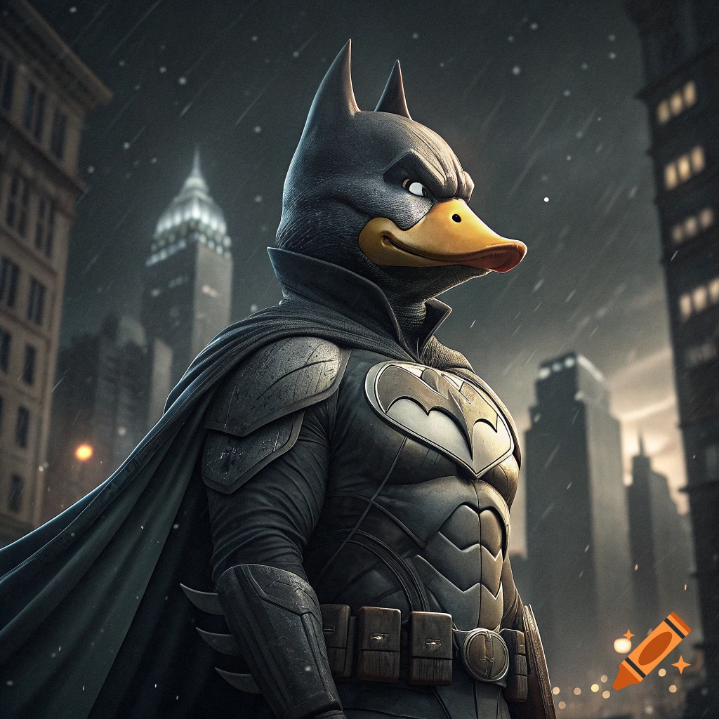 A character with a duck head wearing a Batman suit stands in a dark, rainy city street.