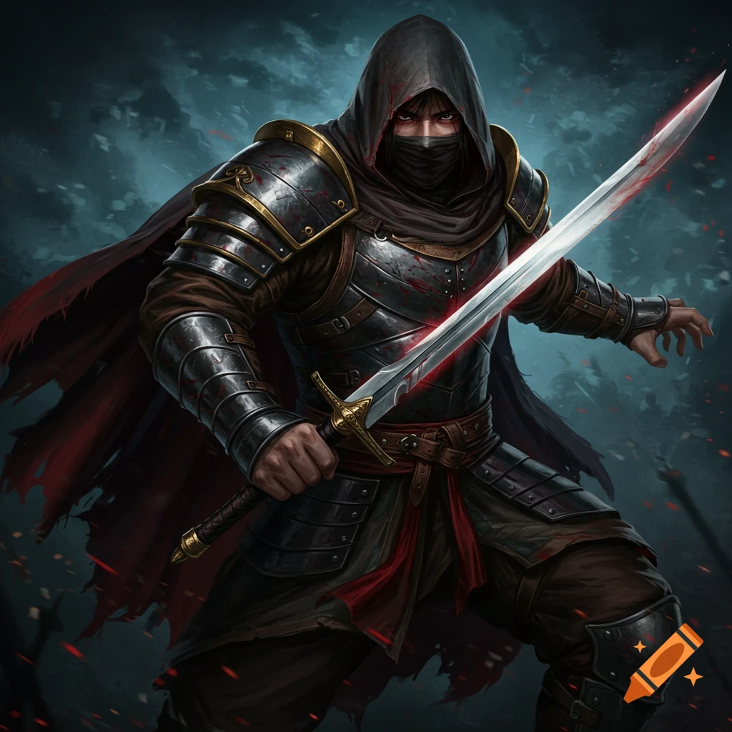 A hooded warrior in dark armor holds a glowing sword in a dramatic scene.