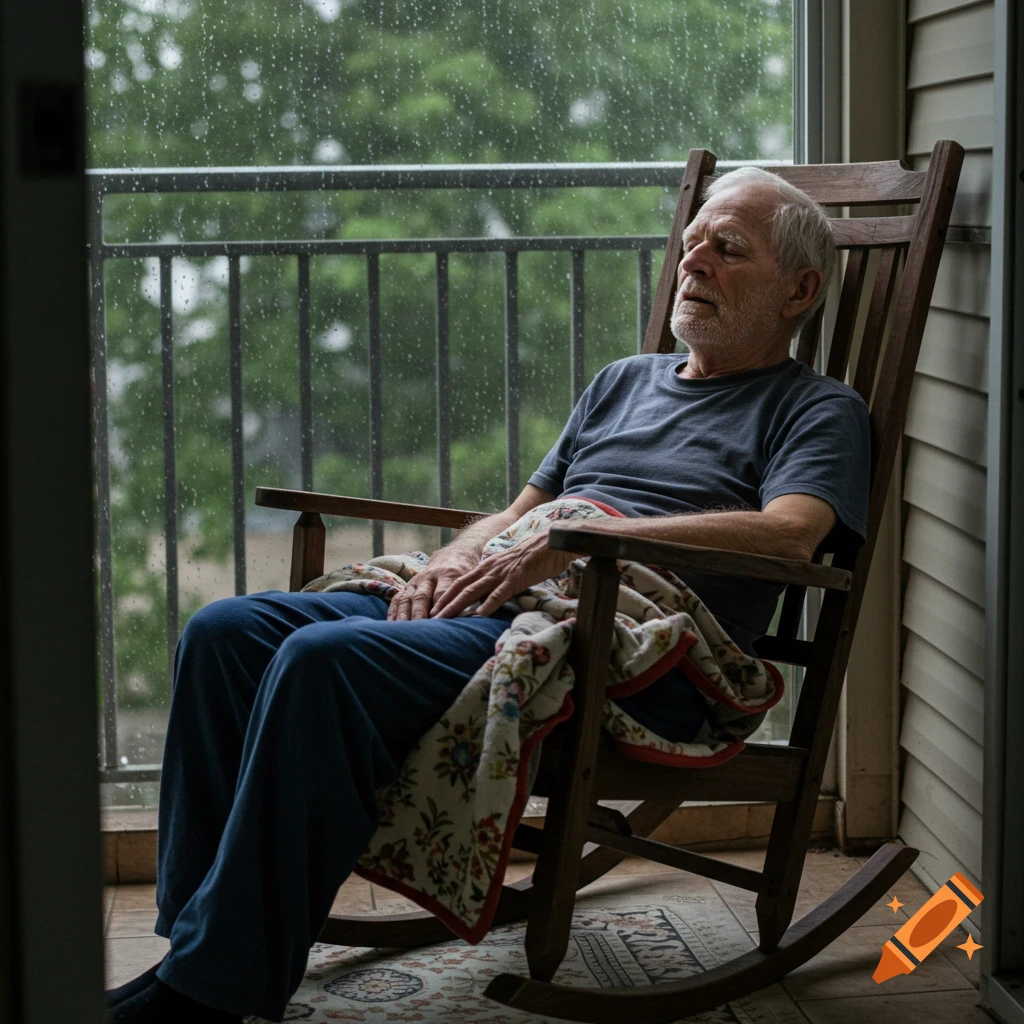 Old man sleeps in a rocking chair on a balcony during a rain shower