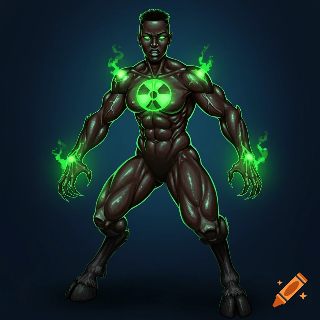 Buff black female character with green glow, radiation symbol, hooves, and clawed paws.