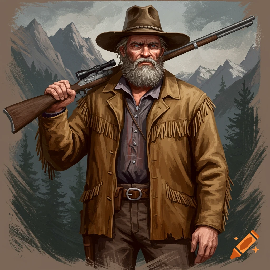 Painting of a bearded mountain man in a hat and fringed jacket holding a rifle in front of mountains.