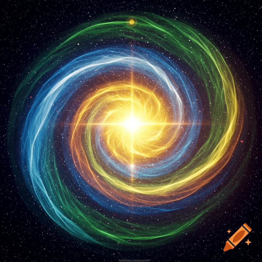 A vibrant, colorful spiral galaxy or nebula in deep space.