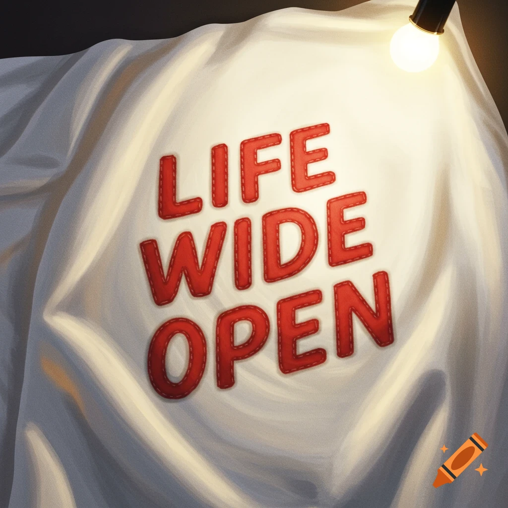 Red stitched text LIFE WIDE OPEN on white draped fabric under a lightbulb
