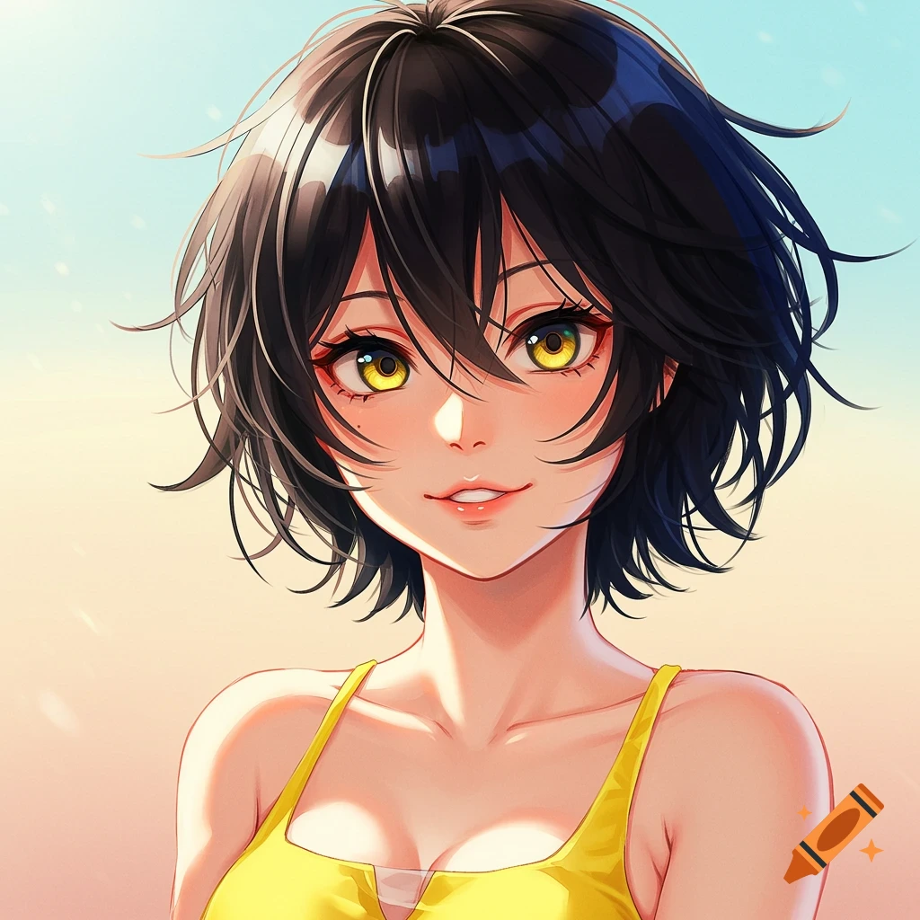 Anime portrait of a young woman with golden eyes and black bob hair in a yellow swimsuit.