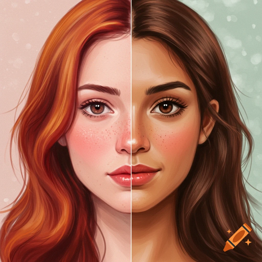 A split portrait shows a woman's face with red hair and light skin on the left and brown hair and tan skin on the right.