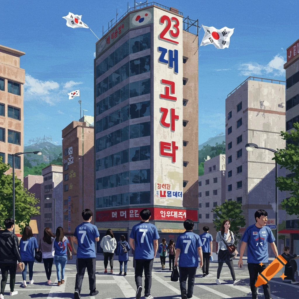 A street scene in a city with people walking. A tall building in the background has the number 23 in red. Many people wear blue shirts with the number 7.