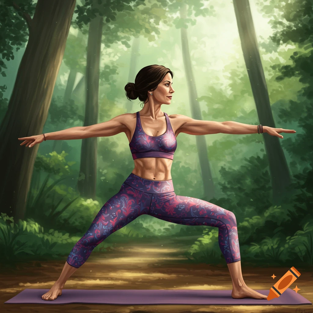 A woman doing yoga in warrior pose in a forest.