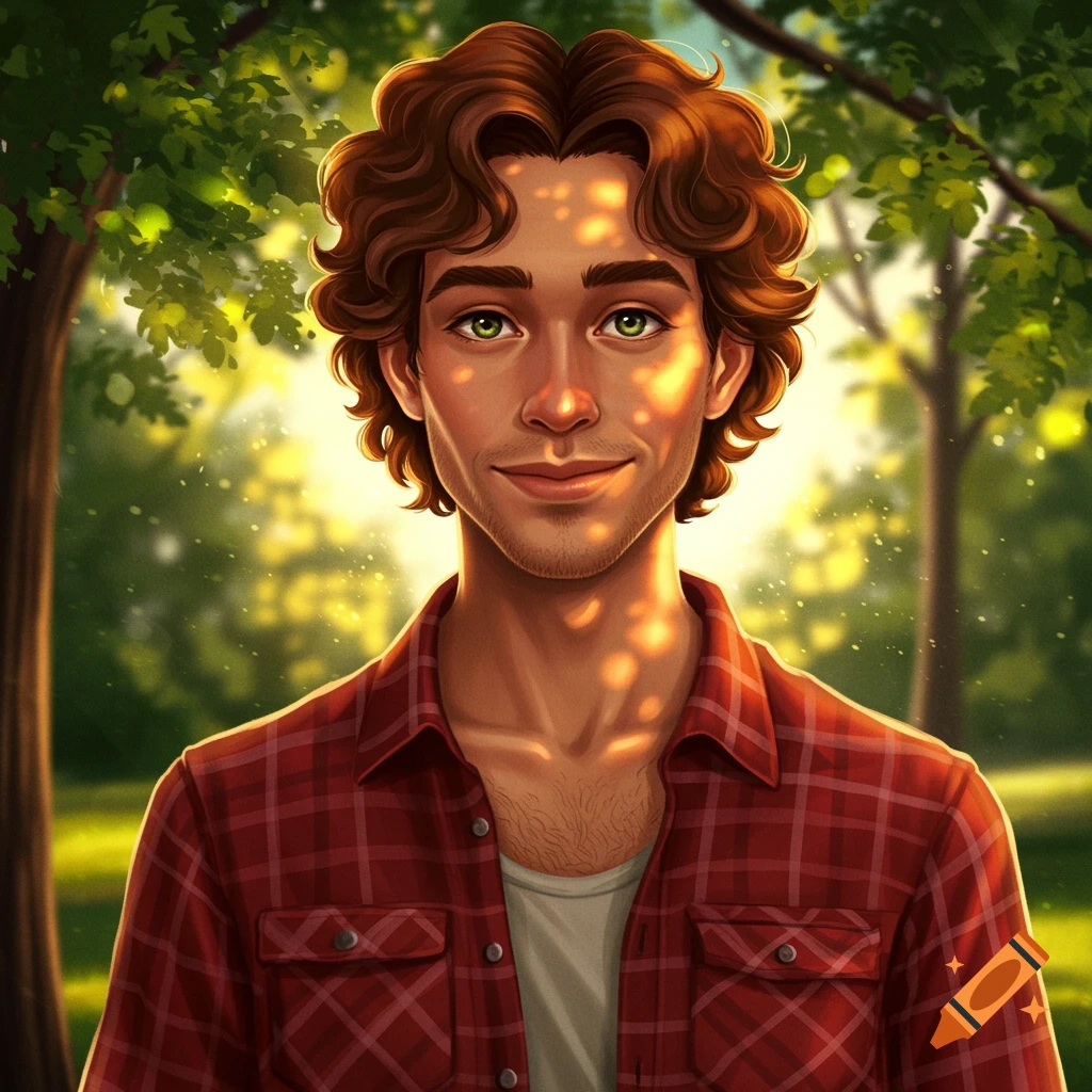 A man with brown wavy hair and green eyes, wearing a red plaid shirt, stands in a sunlit park.
