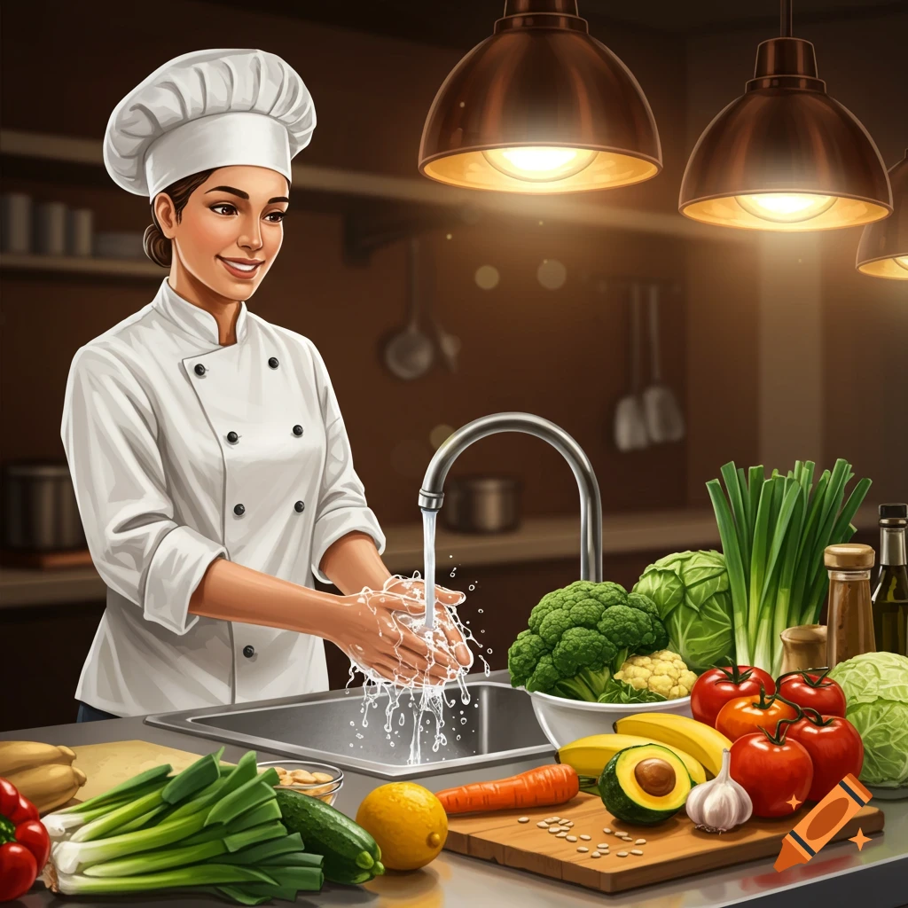 A female chef washes her hands in a sink in a kitchen, with fresh vegetables on the counter.