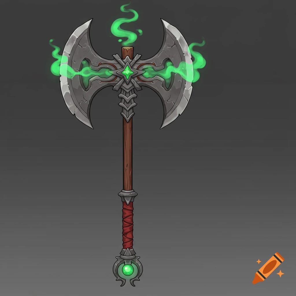 Stylized illustration of a glowing double-headed fantasy axe with green mist.