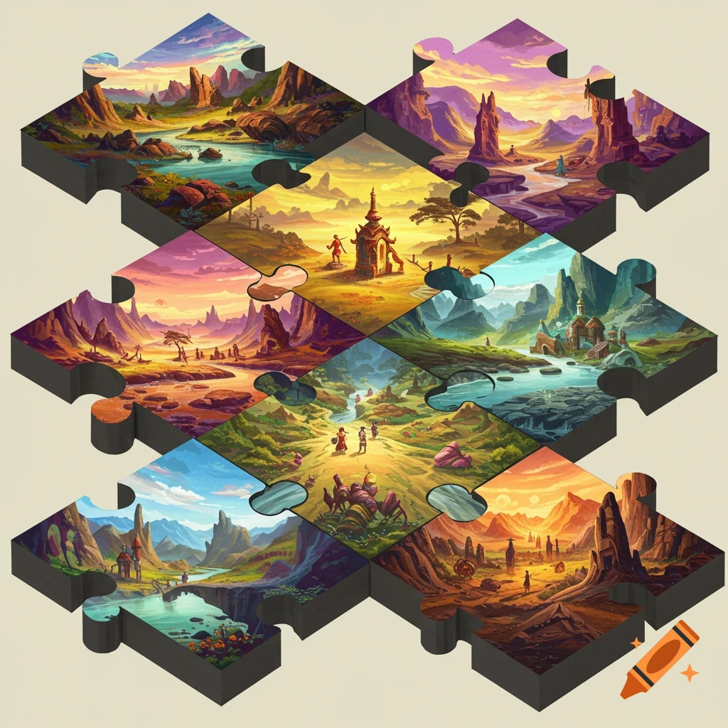 Fantasy landscapes on puzzle pieces.