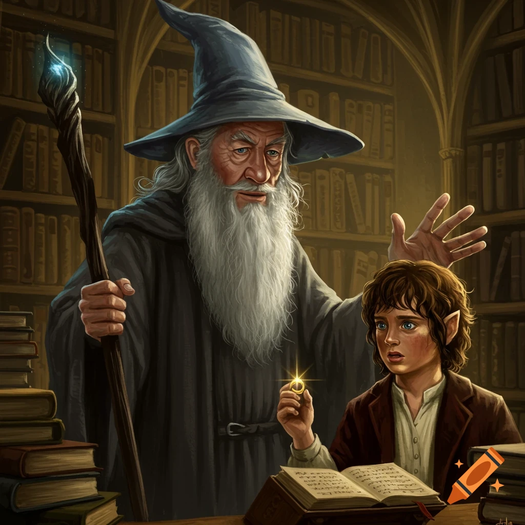 Gandalf warning Frodo about the One Ring in a library.