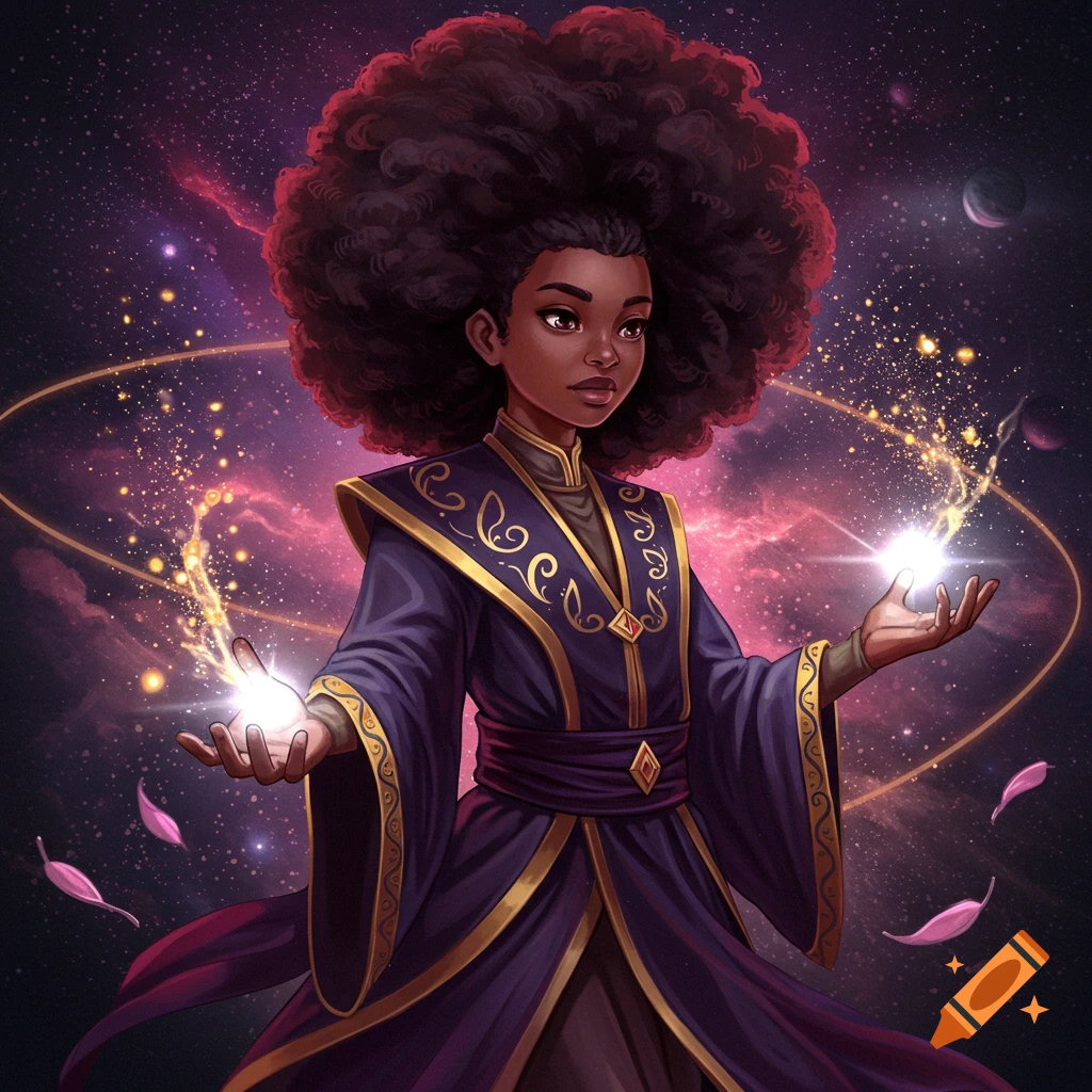 Painting of a person with large afro, wearing a purple robe, summoning light in a starry space background.