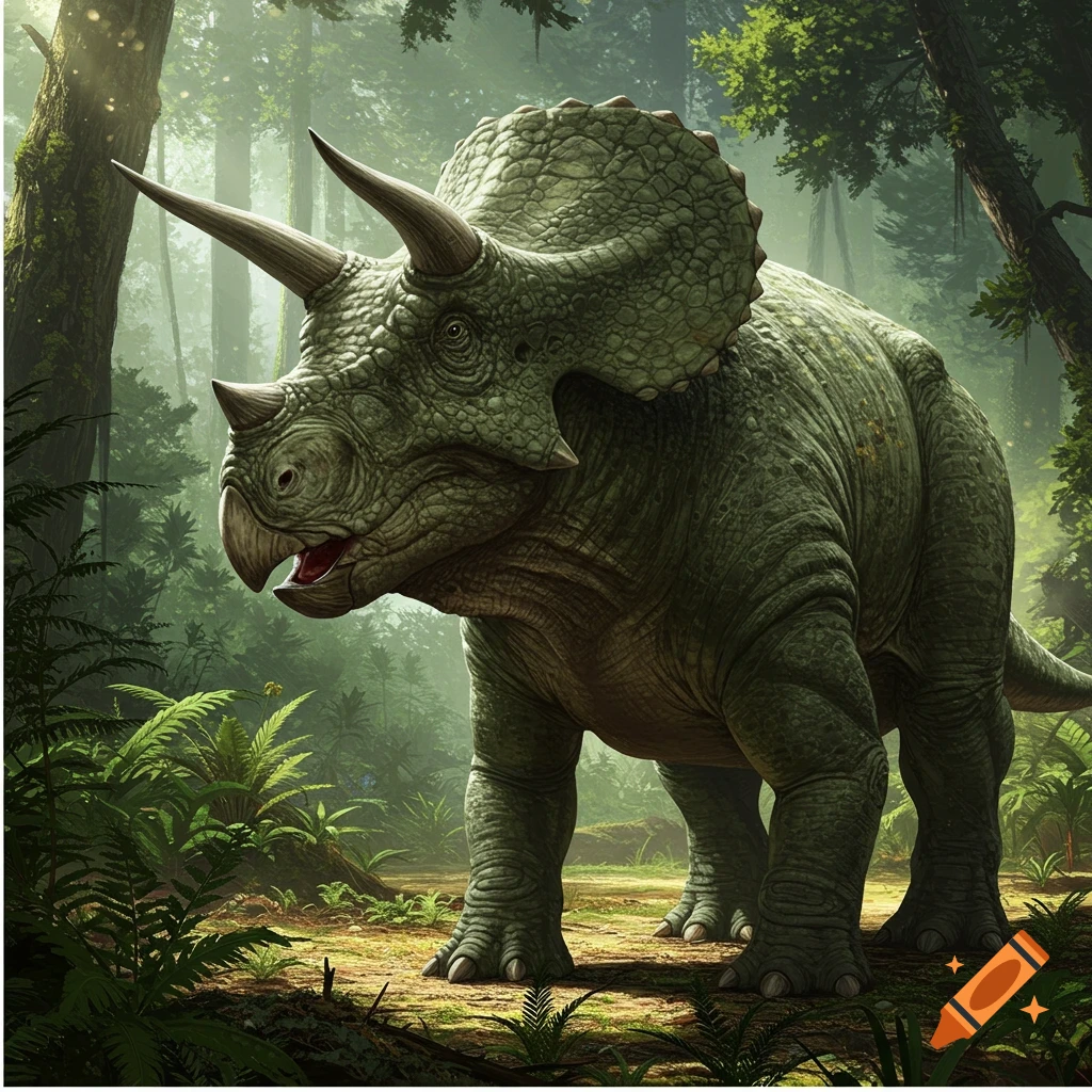 A Triceratops standing in a lush forest.
