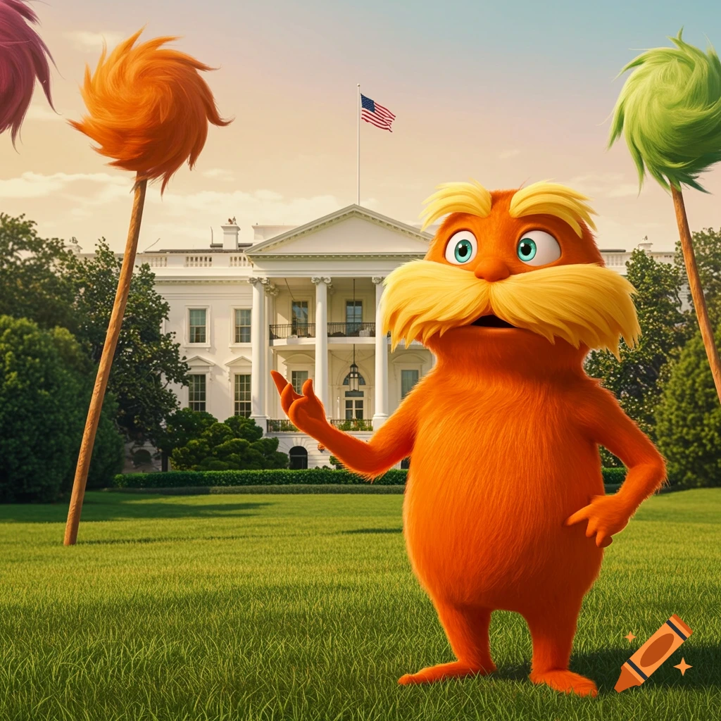 Cartoon Lorax stands in front of the White House with colorful stylized trees.