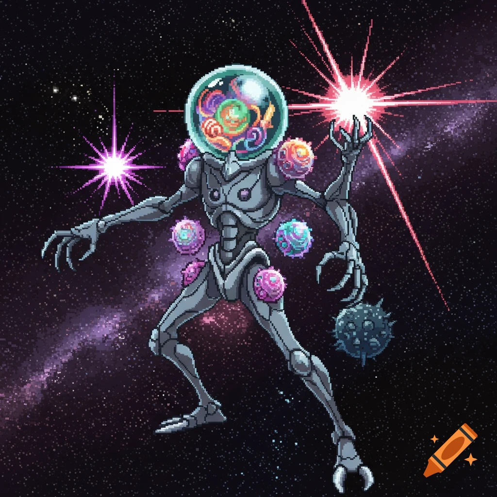 Pixel art of a grey alien or robot creature in space, with colorful swirling tentacles inside its head dome and floating spheres around its body.
