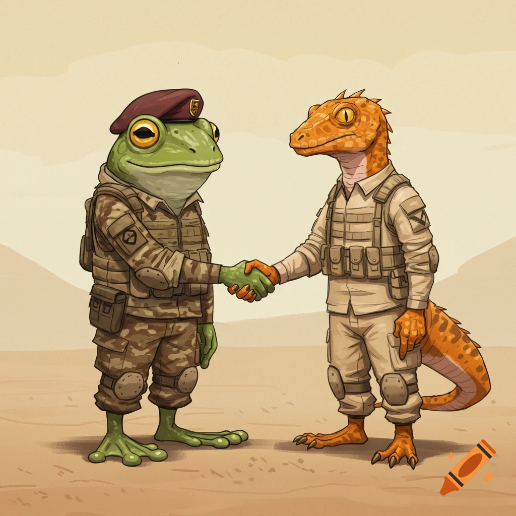 Illustration of a frog and a lizard in military uniform shaking hands in a desert.