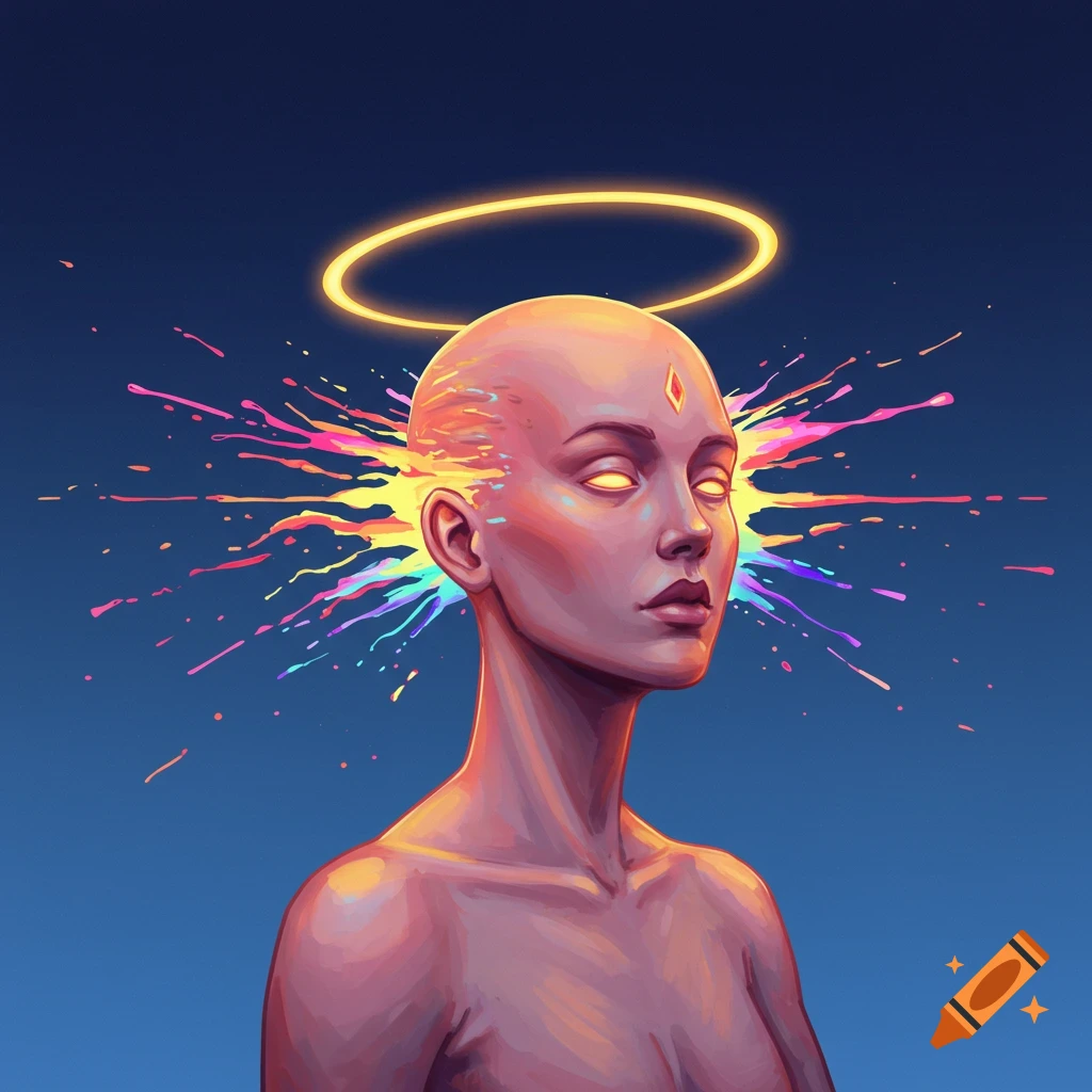 A bald person with glowing eyes, golden halo, and colorful splashes erupting from their head.