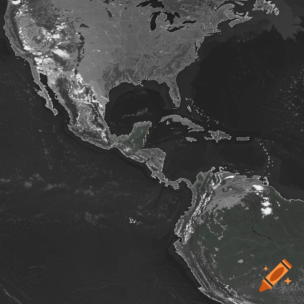 A grayscale satellite view showing parts of North, Central, and South America from space with clouds.