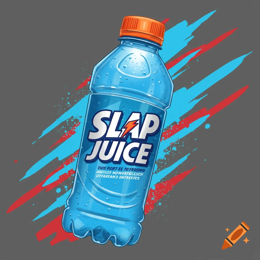 A blue 'Slap Juice' sports drink bottle with condensation and an orange cap, on a gray background with brush strokes.