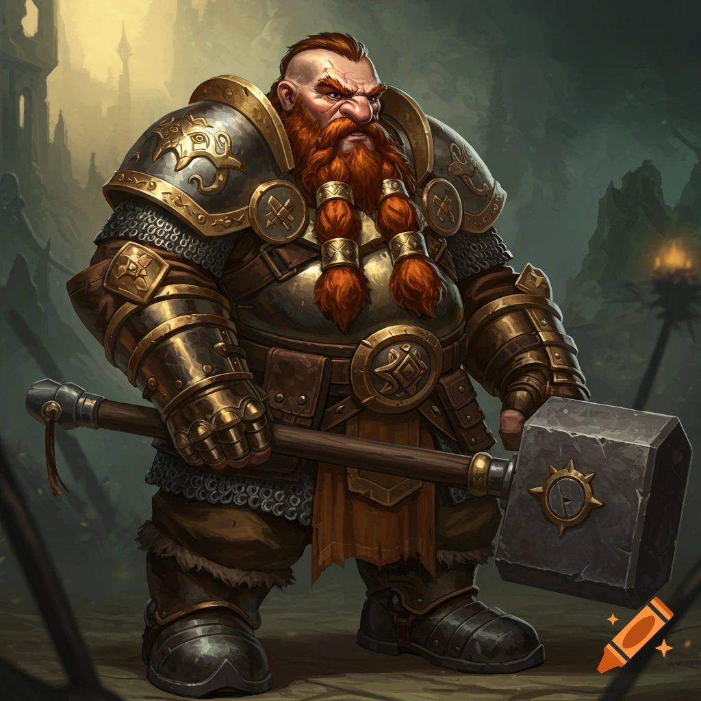 A dwarf in platemail armor holding a large hammer in a dark setting.