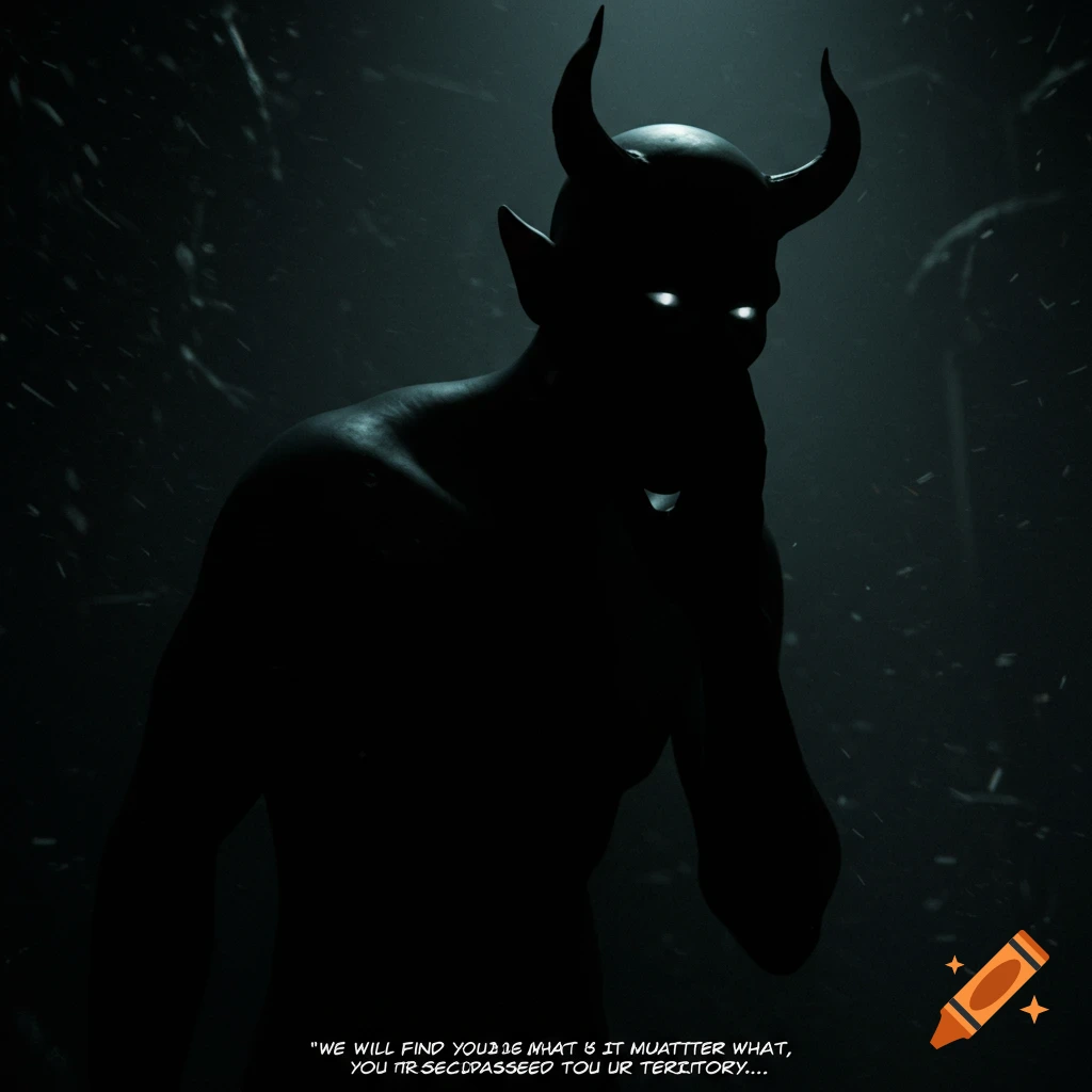 Shadowy demon with horns and glowing eyes in a dark, atmospheric scene.