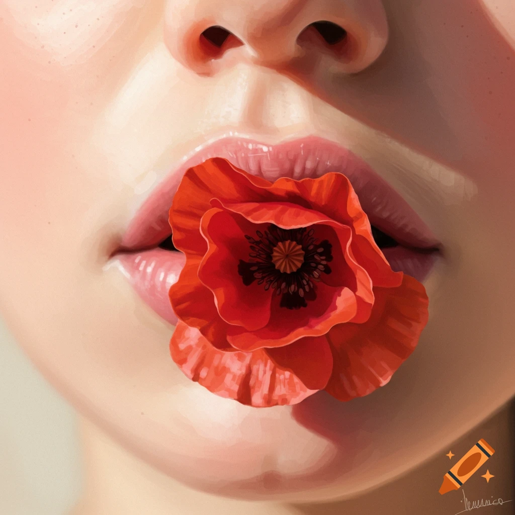 lips holding a red poppy flower