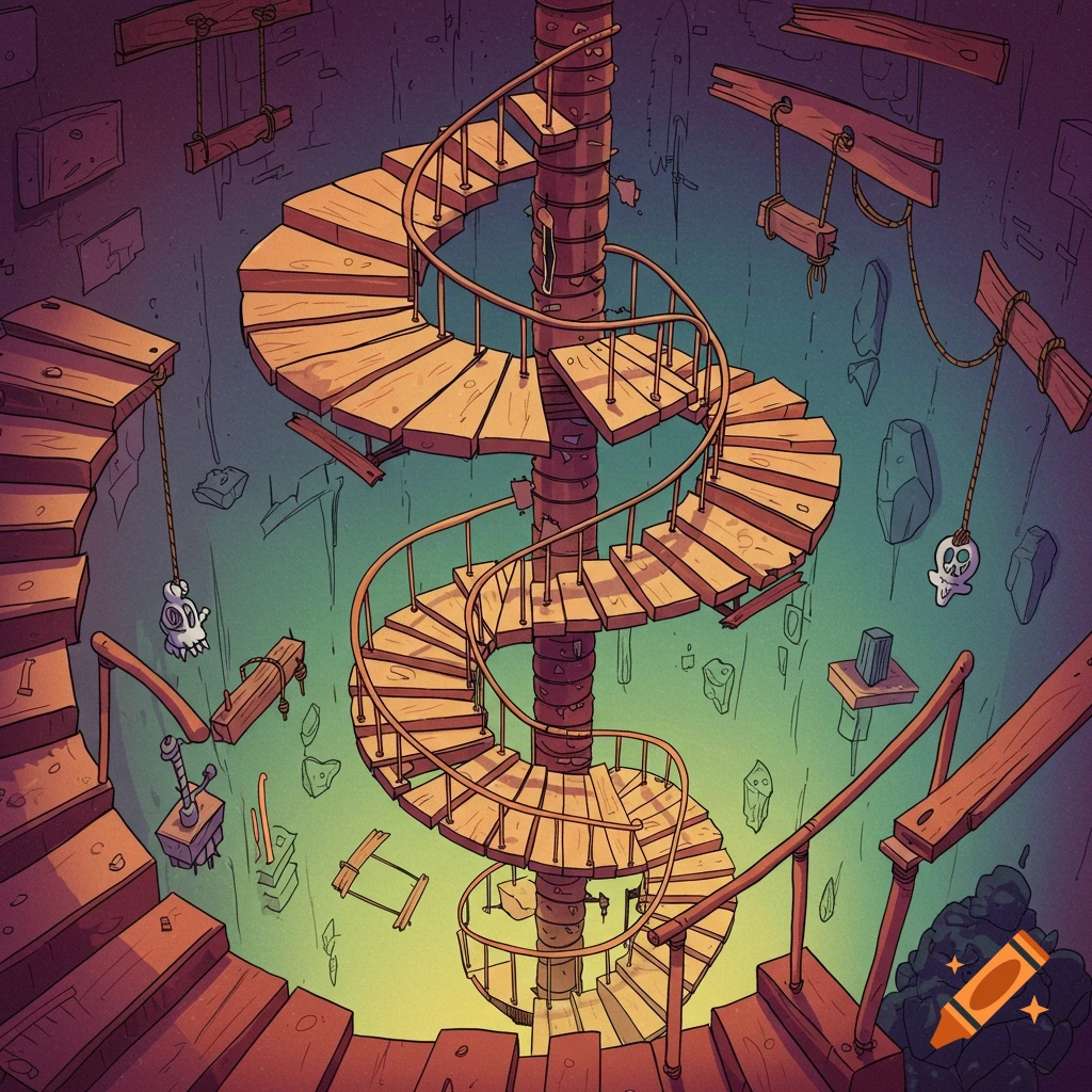 Cartoon illustration of a dangerous spiral staircase in a dark dungeon.