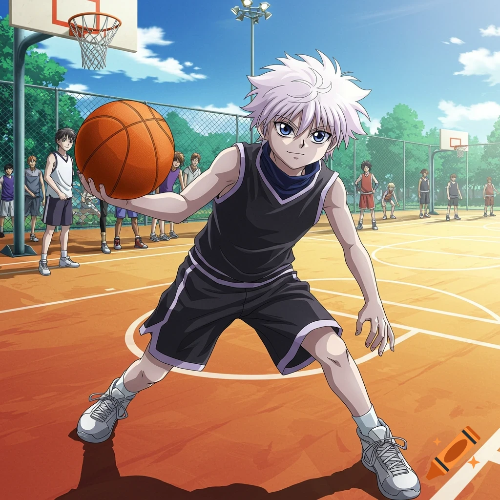 Anime character Killua playing basketball on an outdoor court