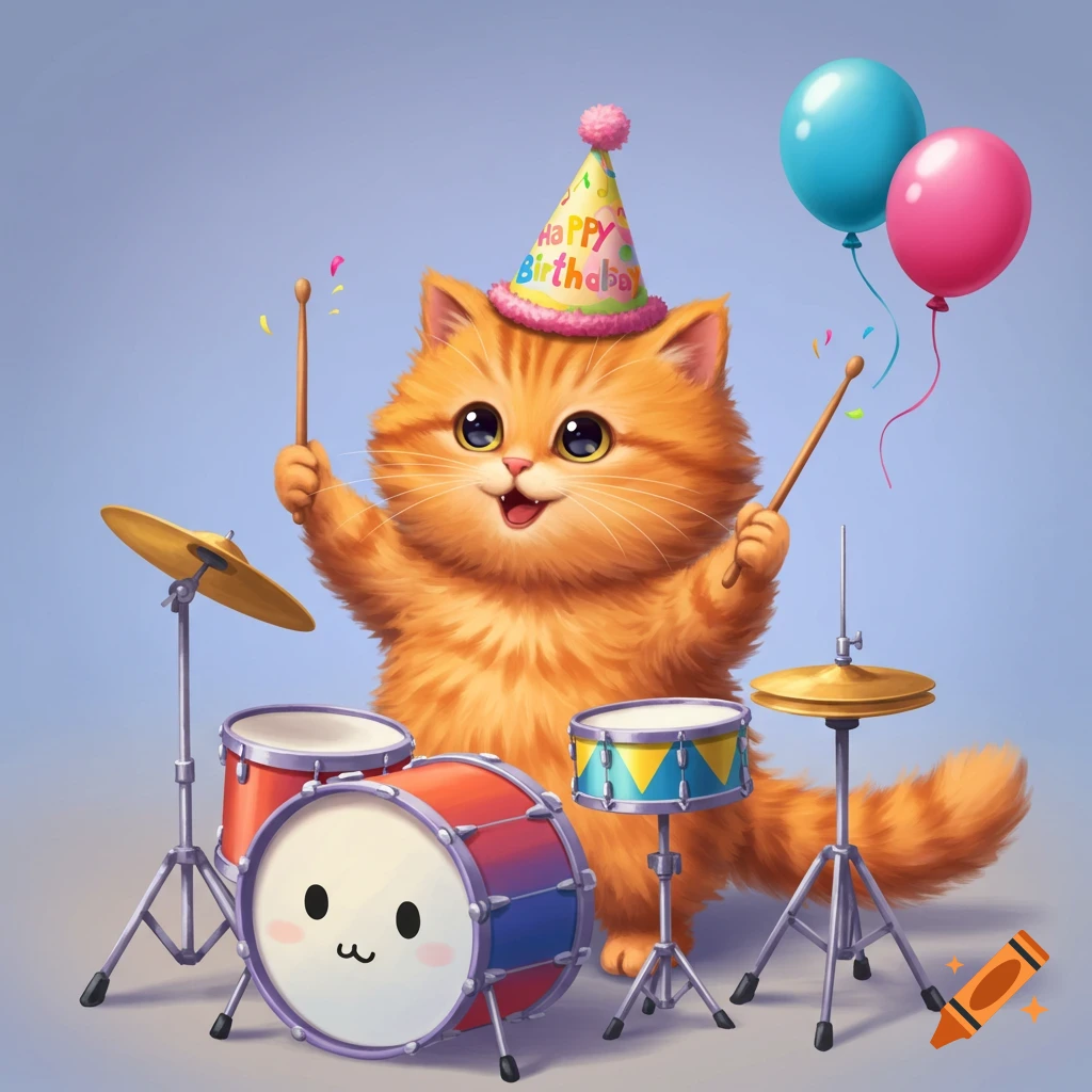 Cute Orange Tabby Cat In A Party Hat Holds A Coffee Cup At A Birthday cute-orange-tabby-cat-in-a-party-hat-holds-a-coffee-cup-at-a-birthday