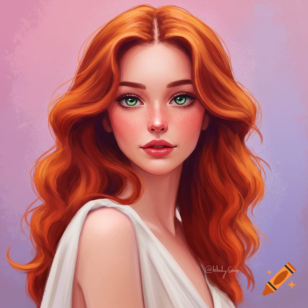 A young woman with long wavy red hair and green eyes.