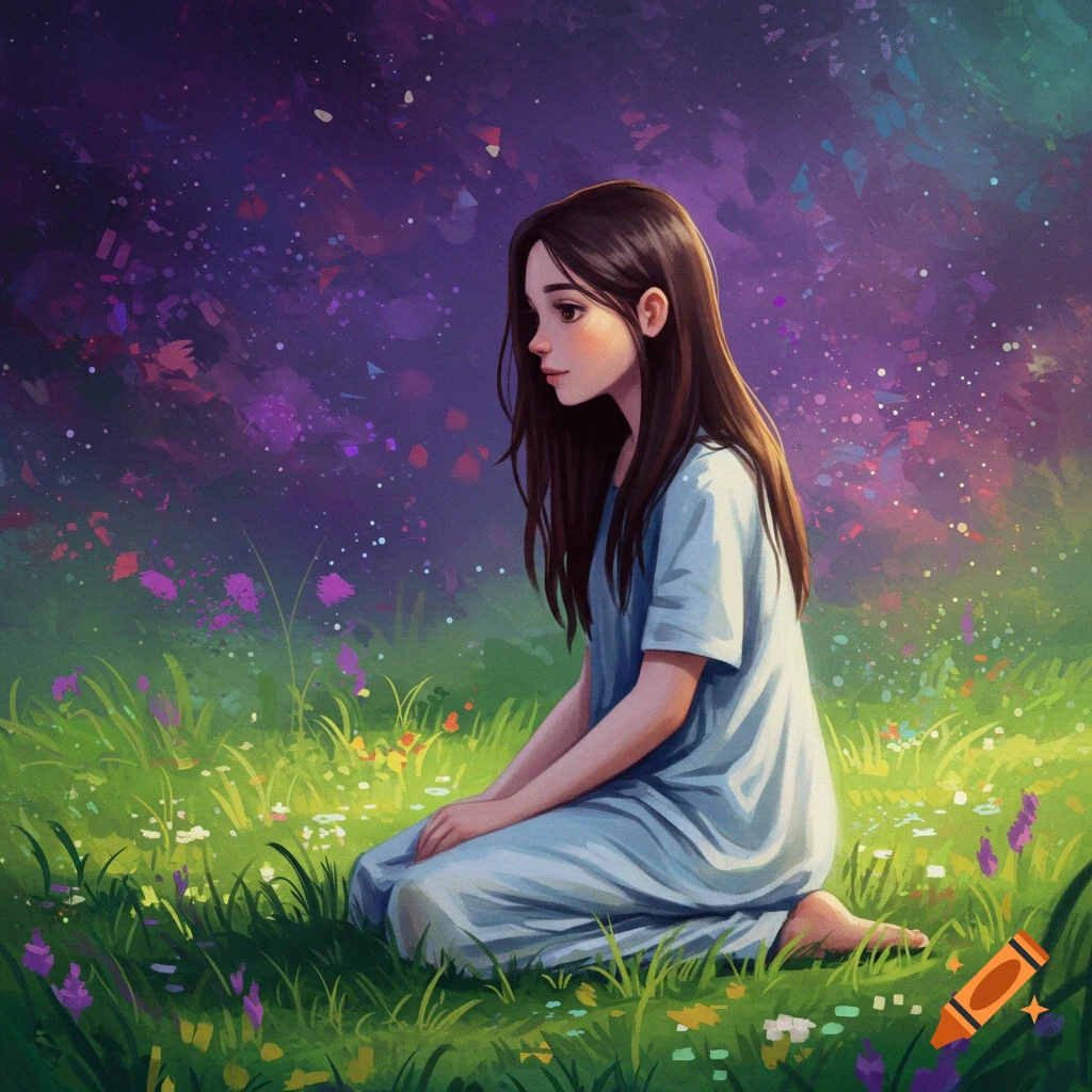 A girl kneels in a field of flowers under a colorful, starry sky.