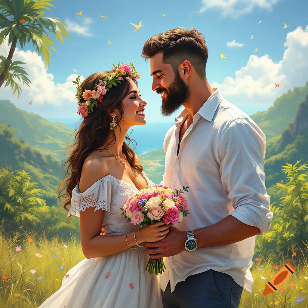 Smiling couple holding a bouquet in a tropical landscape