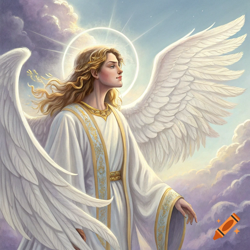An angel with large white wings and golden robes is looking skyward.