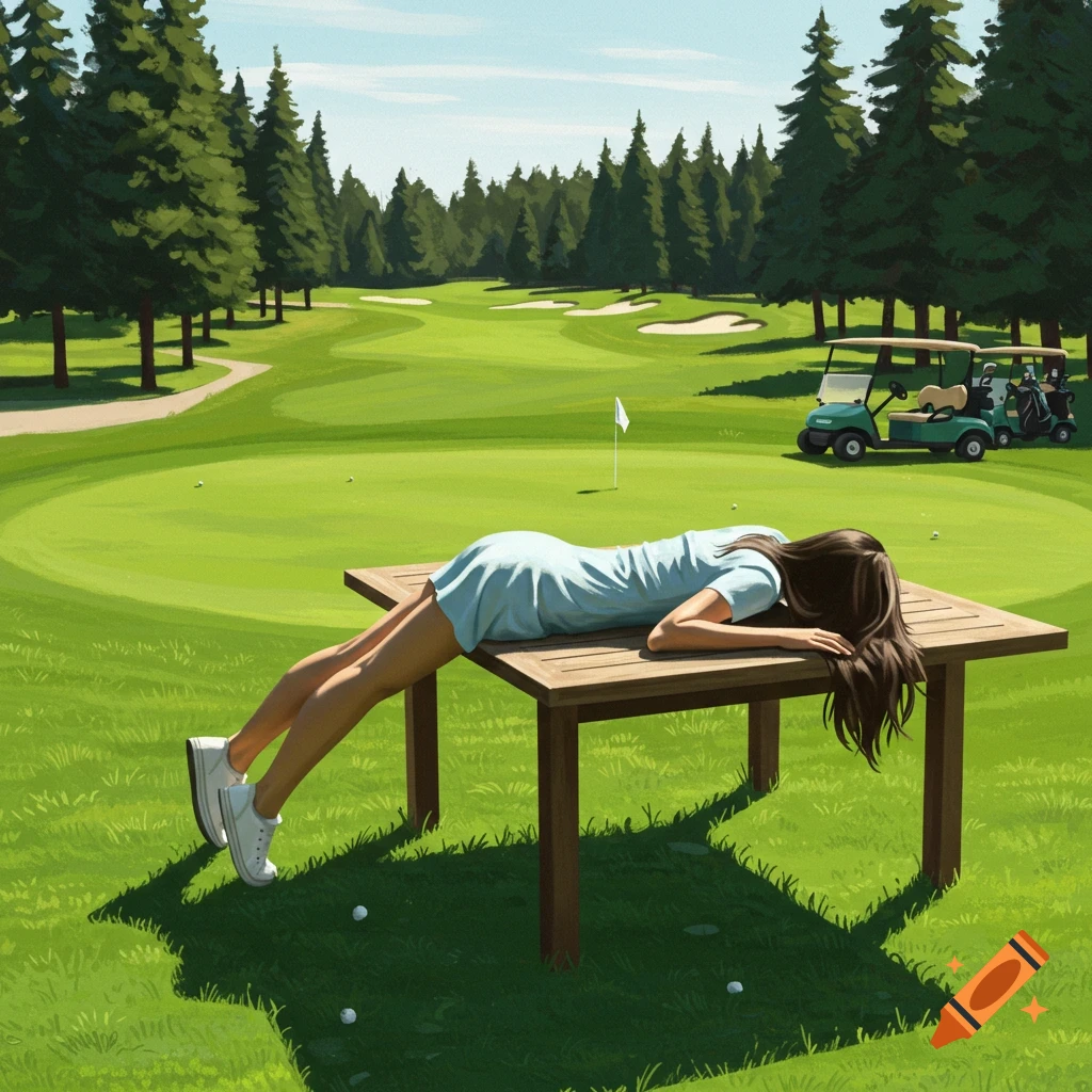 A woman is lying face down on a table situated on a golf course. The scene includes trees and golf carts.