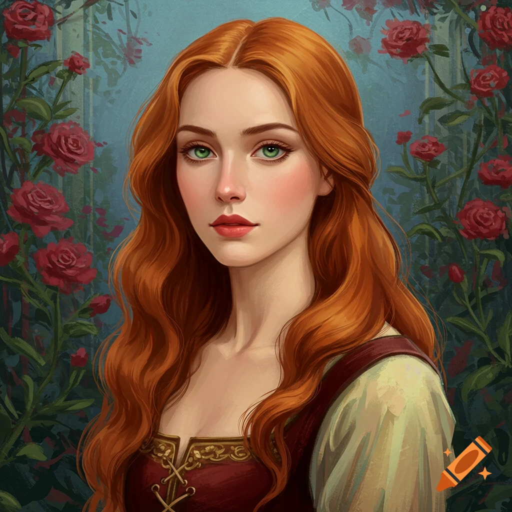 A woman with red hair and green eyes is wearing a historical dress and is surrounded by roses.
