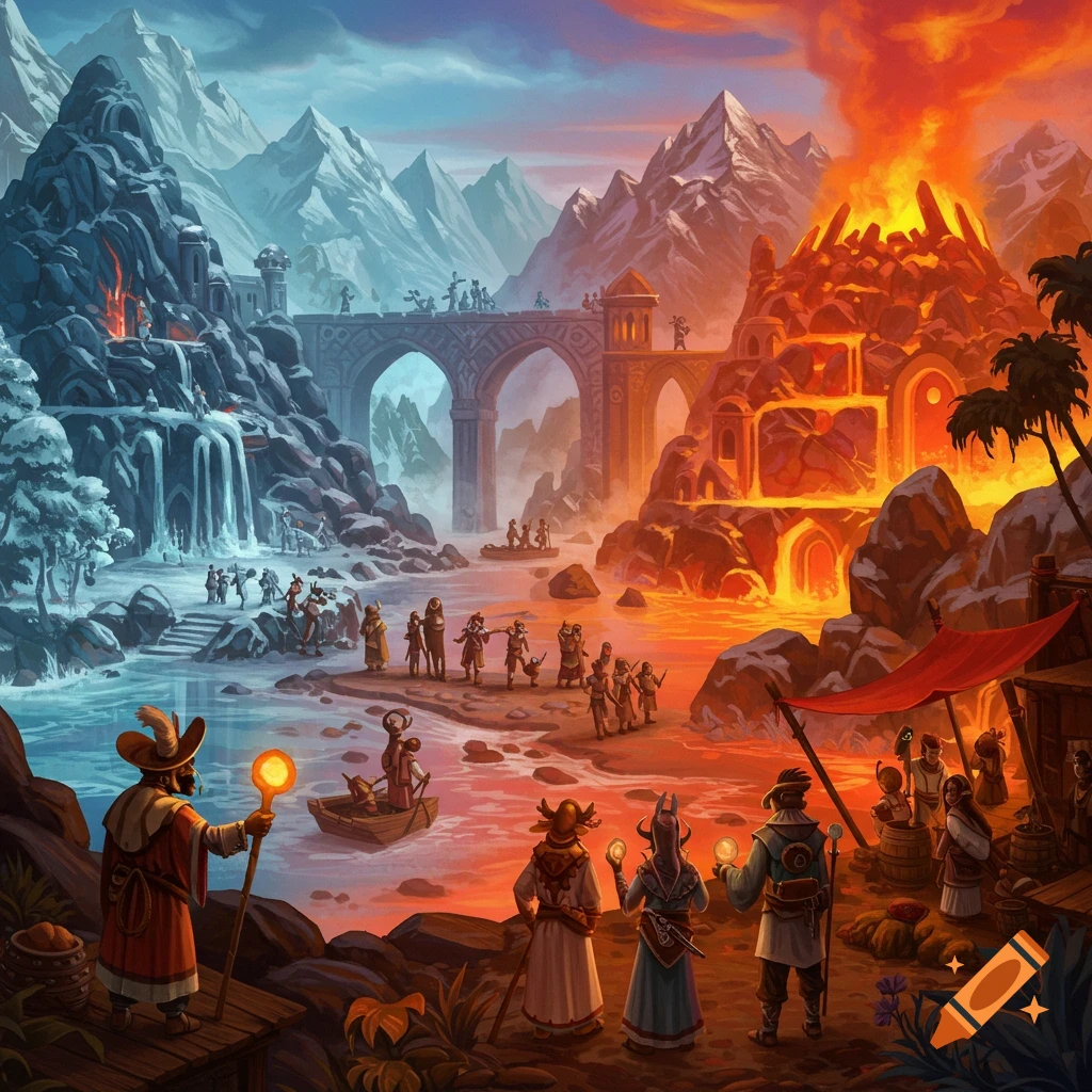 A fantasy land with a cold, icy side and a hot, volcanic side, separated by a river, with people gathered.